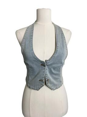 SER.O.YA Tank Top Womens Small Blue Denim Halter Button Front Cropped Vest